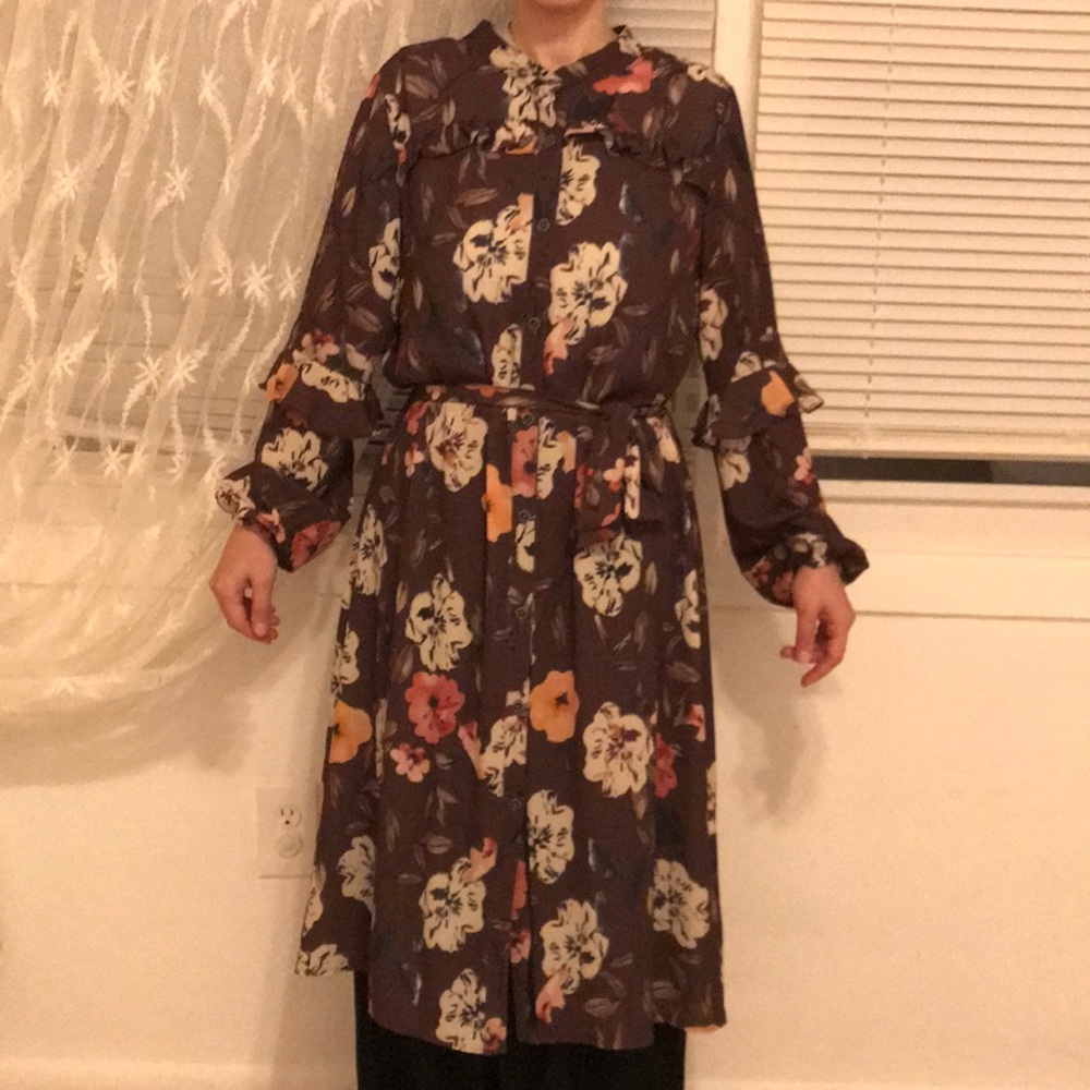 Brown flower Mid-length dress with button, tunic